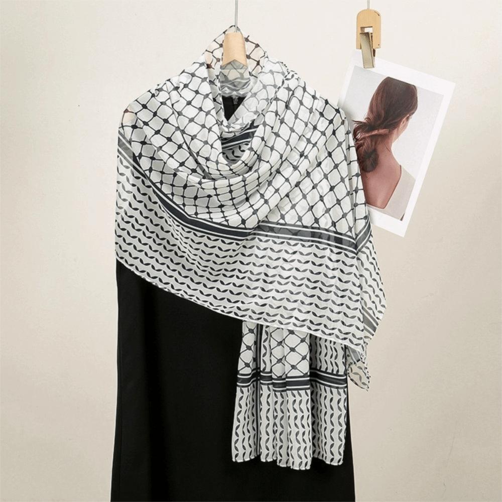 Sunscreen Chiffon Hijab Scarf Plaid Print Islamic Headscarf Fashion Keffiyel Headscarf  Ladies