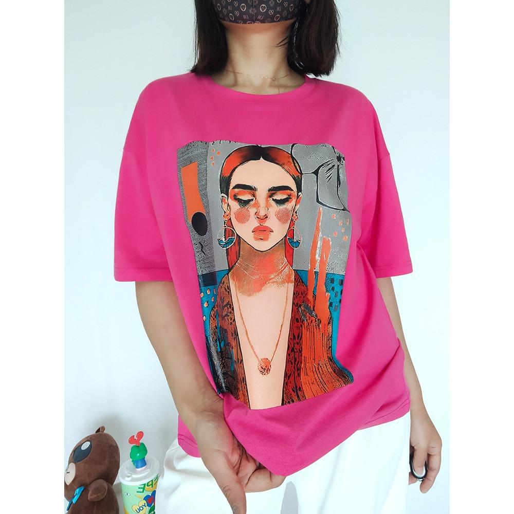 2024 Übergroßes T-Shirt Damen Sommer Weiß Basic-Tees mit Karikaturdruck Grün Weiche Damen Kurzarm-Tops
