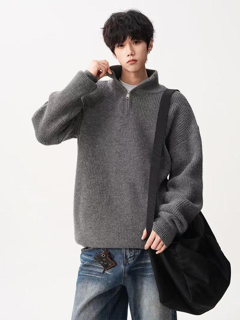 Men's Loose Knit Half-Zip Sweater - Solid Color, Stand-Up Collar, Cozy Autumn/Winter Pullover