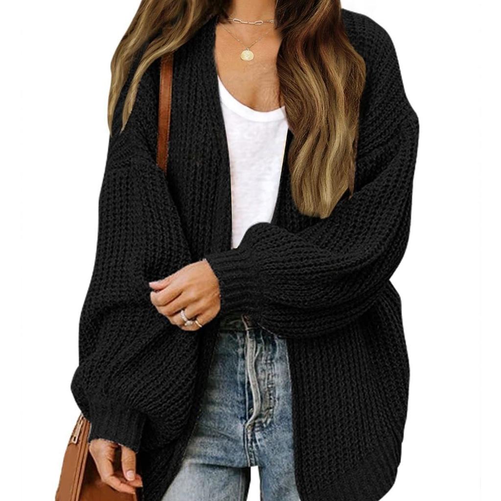 2024 Autumn/Winter New Amazon Foreign Trade Women's European & American Lantern Sleeve Cardigan Pocket Chunky Knitted Cross-border Sweater