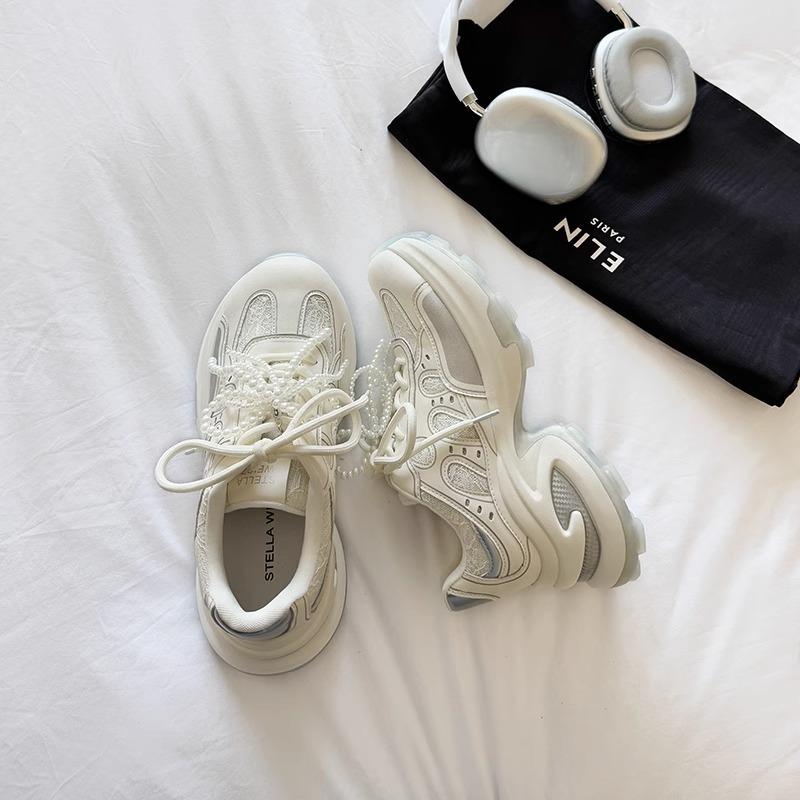Real Soft Leather 2025 Spring and Summer New Breathable Silver Platform Lightweight Sports Shoes Casual Versatile Height Increase Dad Shoes Women