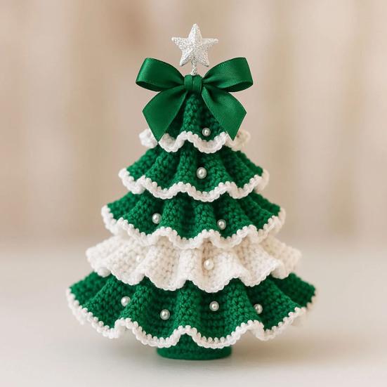 Handmade Crochet Christmas Tree DIY Xmas Tree Crochet Craft Starter Set with Bow And Faux Pearl for Beginners Knitting Holiday Decoration for