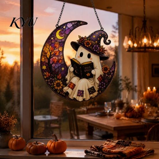Acessórios Divertidos para Pátio 2D Lua Fantasma Abóbora Vitral Acrílico, Ornamento Pendurado para Janela de Halloween Exterior de Fazenda, Outono Ação de Graças