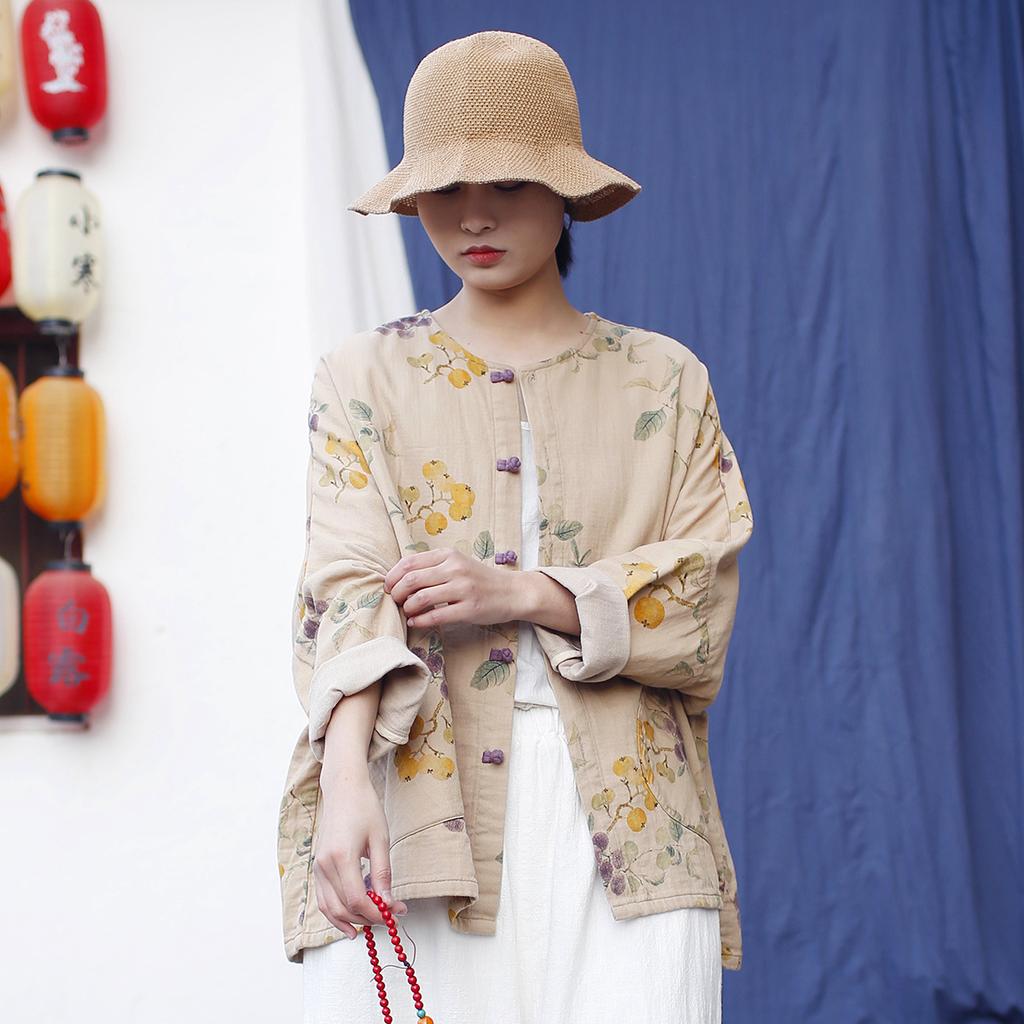 Johnature Women Vintage Print Floral Jackets Bat Sleeve Coats Spring Button Pockets Chinese Style O-Neck Jackets