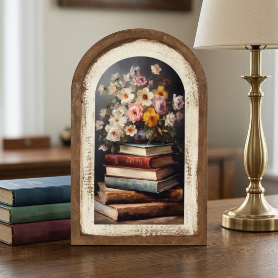 Vintage Framed Wall Art, Curved Wooden Floral Wall Art, Arched Wood Framed Wall Art, Rustic French Country Style Paintings for Bedroom