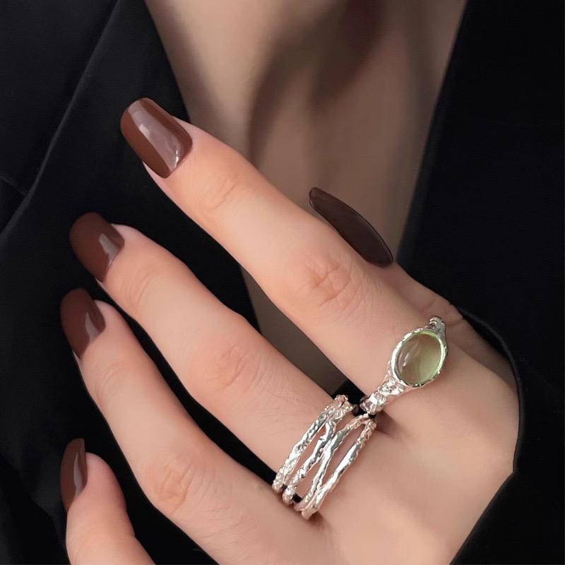 BFCLUB Silver Color Rings for Women Simple Geometric Handmade Irregular Retro Ring Green Stone Allergy For Birthday Gift