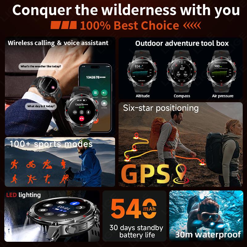 GPS Sports Waterproof Smart Watch Men 1.46“HD Full Touch Screen 500mAh Battery Flashlight Compass Bluetooth Call Smartwatch