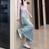 Retro High-waisted New Denim Skirt for Women Mid-length Slim Fur Edge A-line Versatile Fishtail Hip-padded Skirt