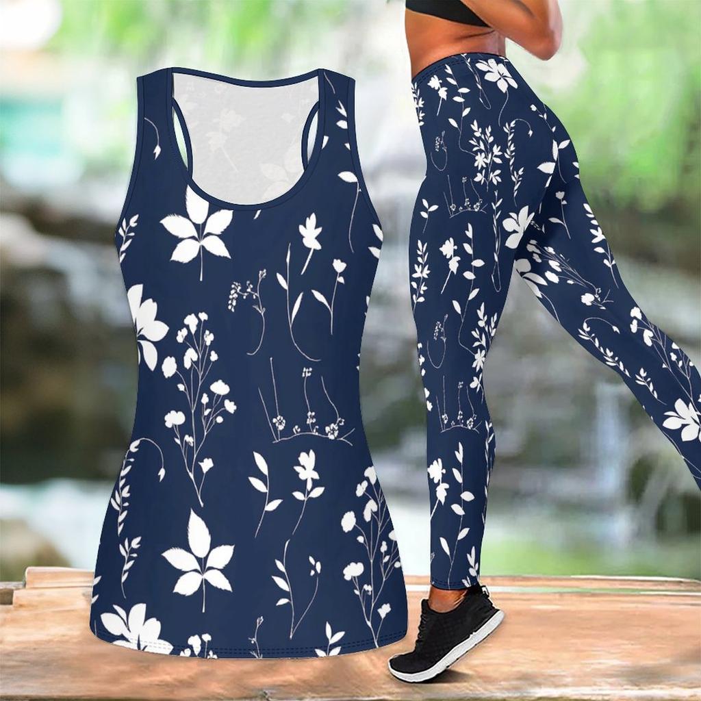 Retro Flower Printed Yoga Outfit for Women Fashion Workout Leggings Fitness Sports Casual Yoga Set Sports Suit