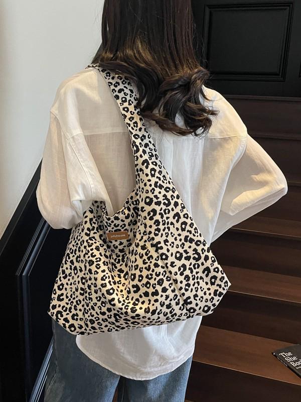 Leopard Print Corduroy One-Shoulder Tote Bag - Versatile, Large Capacity, and Fashionable
