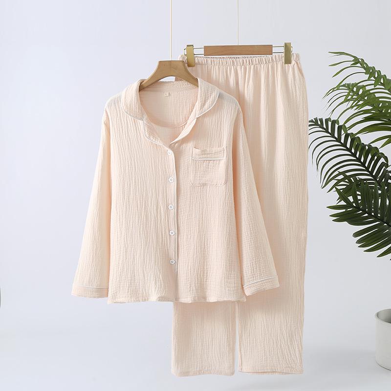 Spring and Autumn New Women's Pajama Set 100% Cotton Solid Color Lapel Long Sleeved Pants Home Furnishing Two Piece Set