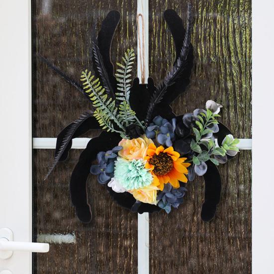 Spider Wreath Wooden Black Spider Wreath with Artificial Flowers Front Door Hanging Decoration for Floral Arrangement Halloween Wall Window Decor