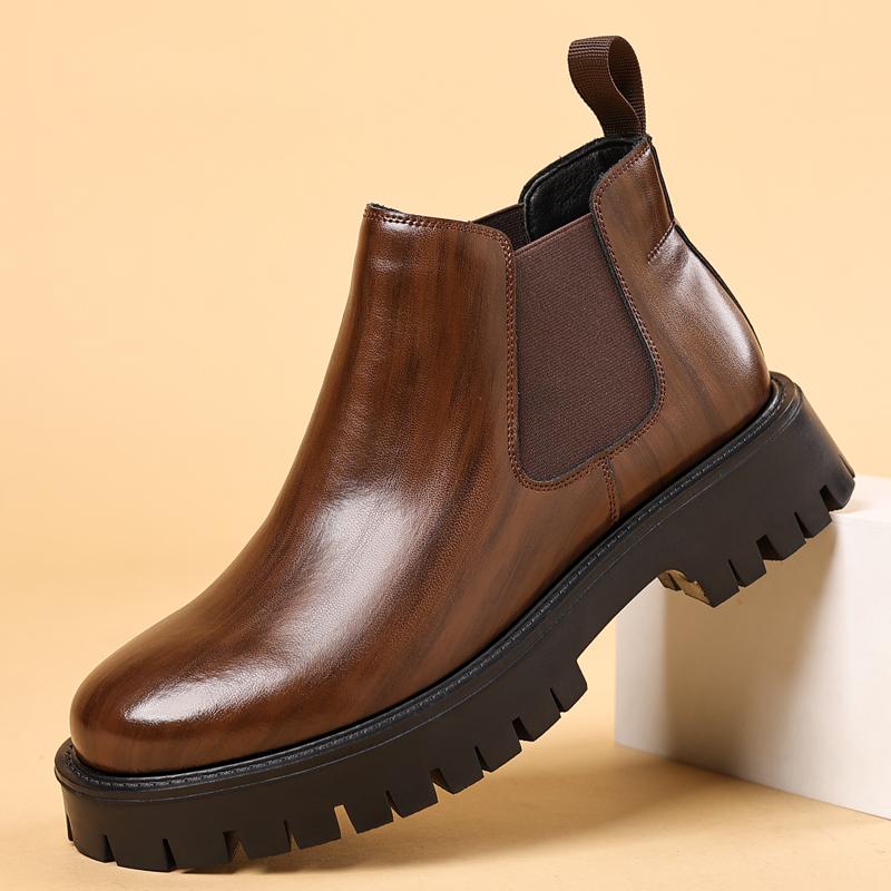 Slip on Leather Basic Boots Man Round Toe Style Outdoor Motorcycle Boots Warm Plush Fur Winter Boots for Men Comfy Outdoor Shoes