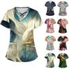 Plus Size Women Cute Printed Short Sleeve Scrub Tops Workwear Tee With Pockets Cross V Neck Fun Working Uniform T Shirts