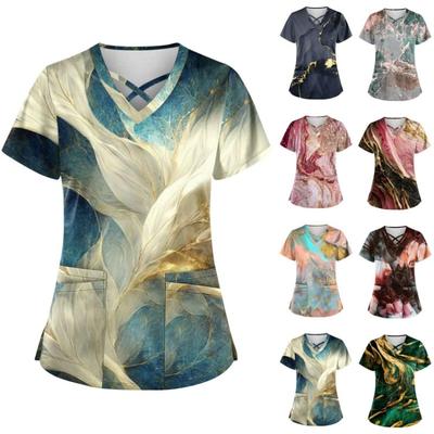 Tallas Grandes Mujeres Lindas Estampadas Manga Corta Tops de Uniforme Camiseta de Trabajo Con Bolsillos Cuello en V Cruzado Camisetas Divertidas de Uniforme de Trabajo