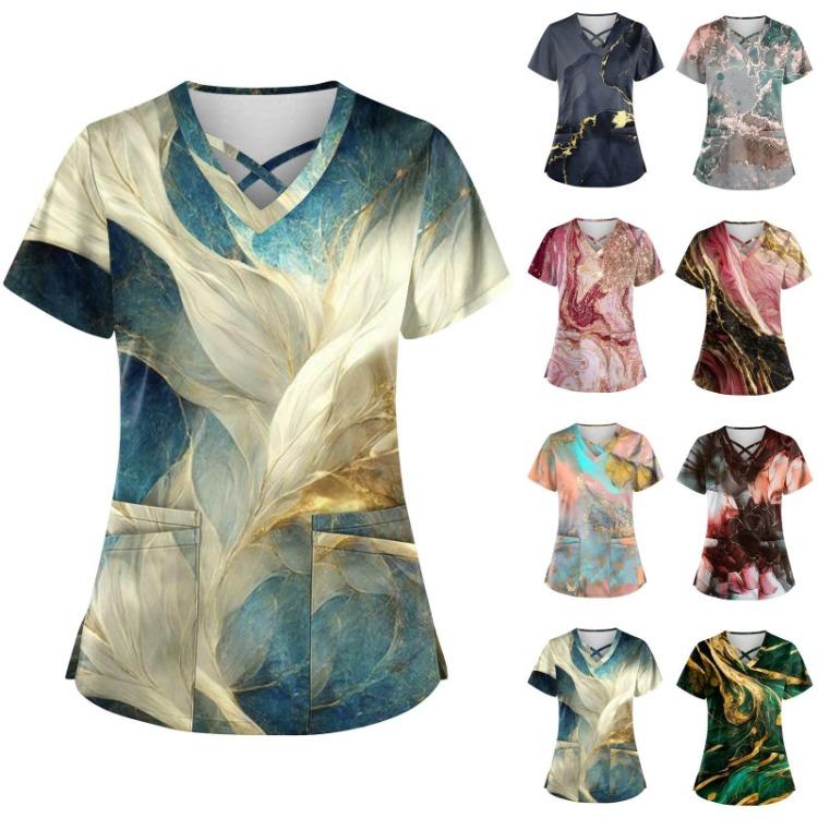 

Plus Size Women Cute Printed Short Sleeve Scrub Tops Workwear Tee With Pockets Cross V Neck Fun Working Uniform T Shirts XXXXXL рожевий