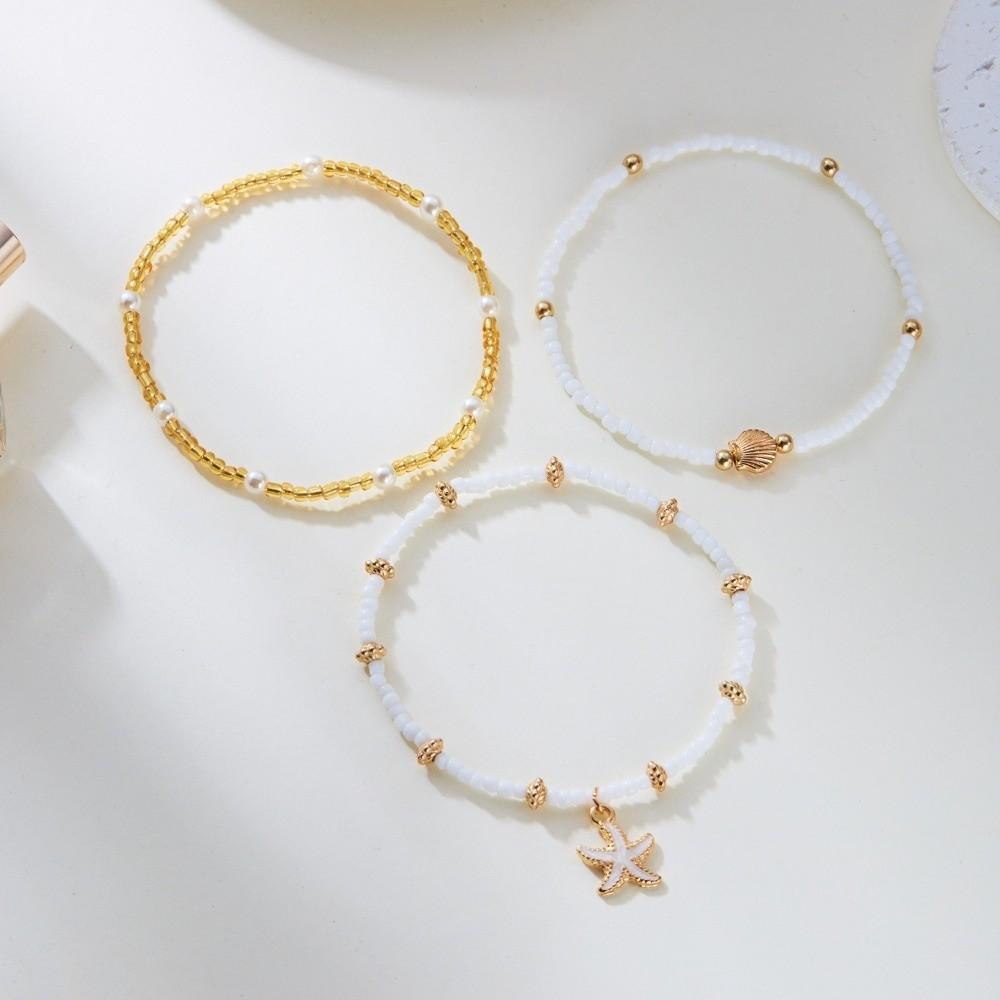 Three-Layer Starfish Shell Ankle Chain Multilayer Beaded Adjustable Bohemian Layered Anklet Set Seashell Pearl Resin