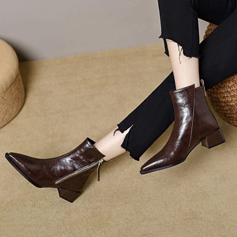 

Мягкая кожа толстый каблук короткие ботинки женские остроносые средний каблук тонкие ботинки бархатные женские туфли зима новые хлопковые кожаные туфли ботинки Мартин 40