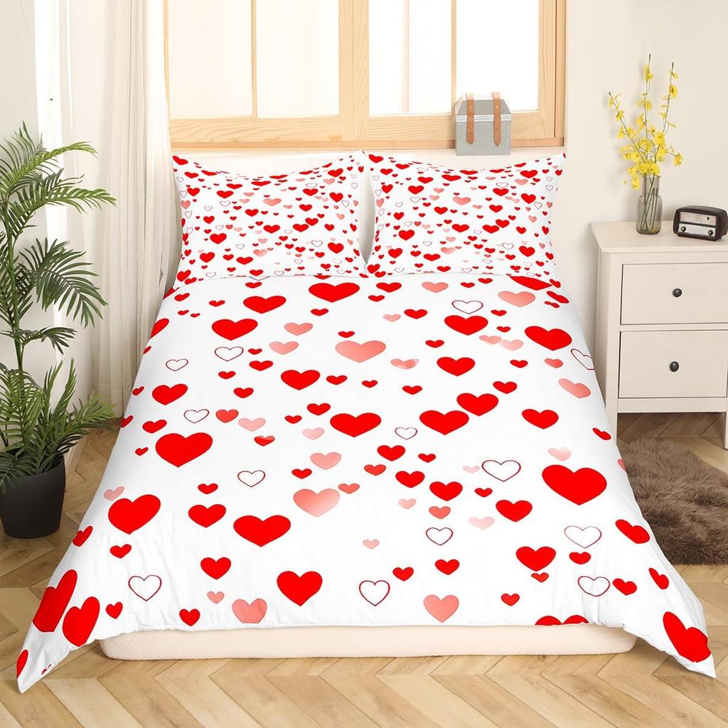 Red Love Heart Duvet Cover For Couples,Bow Romantic Bedding Set Valentines Day Loving Hearts Quilt Cover Wedding Comforter Cover