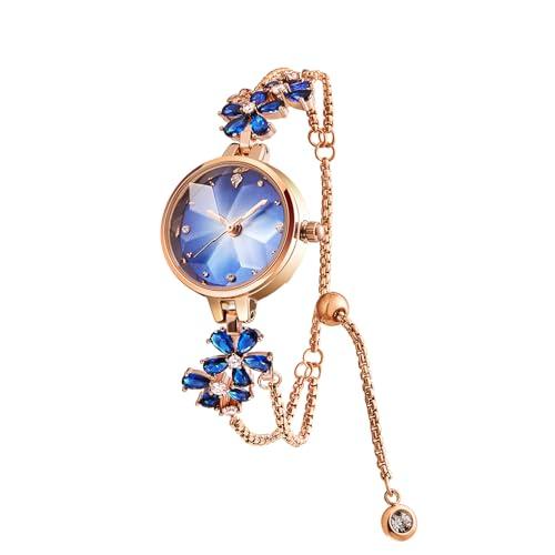 Time100 Sommer Damen Armbanduhr Japanisches Quarz Armband Stil Facettiertes Glas Kristallverzierter Riemen Wasserdichte Uhr Geschenkbox (Blaue Farbe)