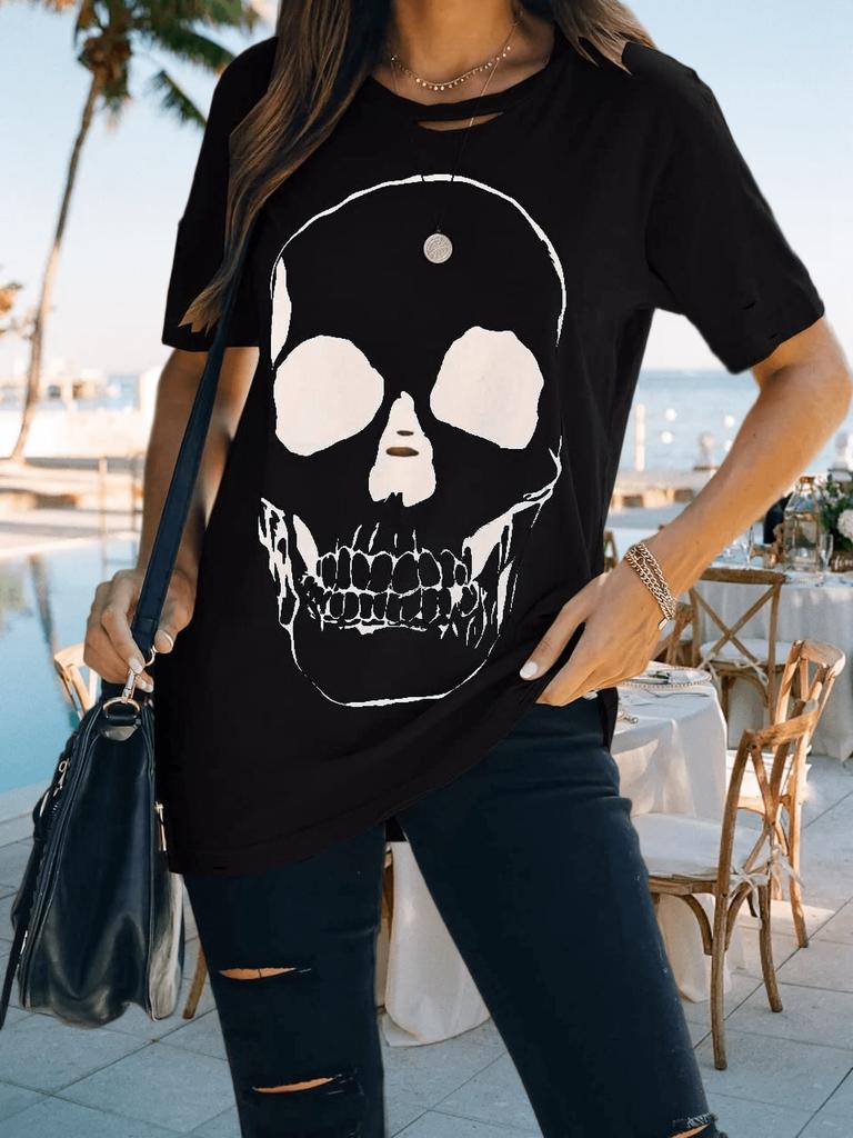 Women's Cotton Graphic T Shirt Skull Print Distressed Short Sleeve Loose Top