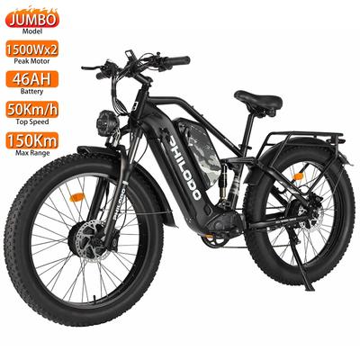 Electric Bicycle Philodo Jumbo 26" 1500Wx2 Peak Motor Fully Suspended Adult Electric Bike 48V 46AH Dual Hydraulic Brake Shimano 7 Speed