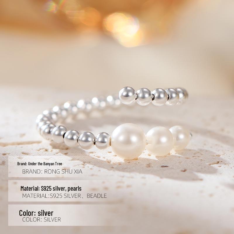 Banyan Tree Adjustable Women's Silver Pearl Ring - S925 Silver Round Bead Design