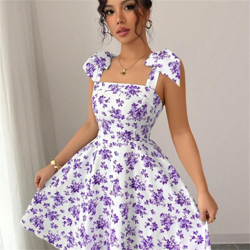 Strap Top Floral Dress Women A-line Sleeveless Lace Up Pleated Hem Spring Summer S-XL