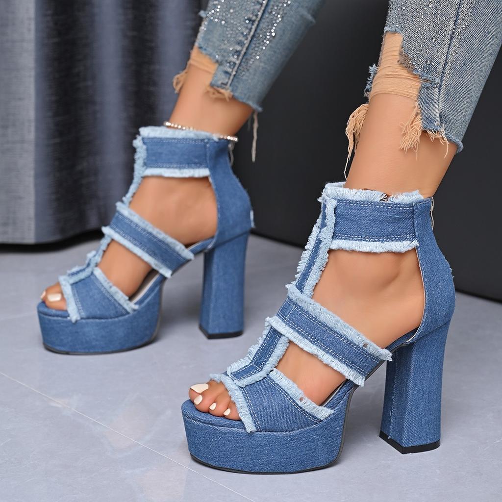 Summer Women Sandals New Platform Blue Denim Ankle Strap High Heels Shoes for Women Fashion Outdoor Sexy Peep Toe Sandals Women