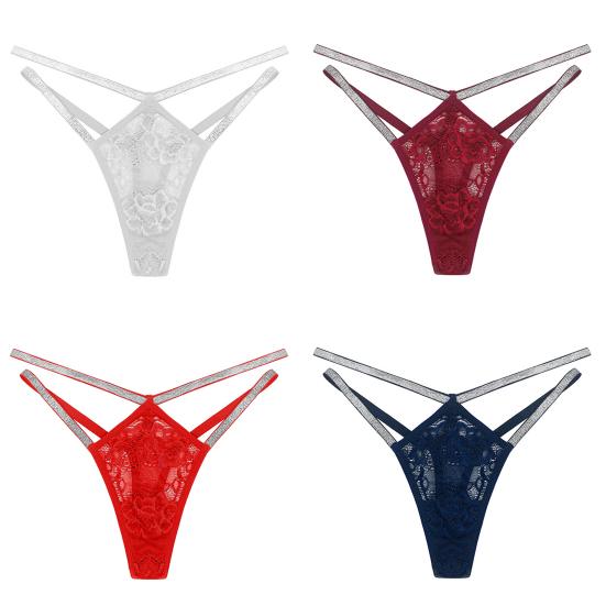Sexy ženy Tanga G-string Nízký pas Průhledný Průsvitný Dutý Květinová Krajka Drahokamy Ramínka Prodyšné Měkké Dámské Spodní prádlo Krátké kalhotky