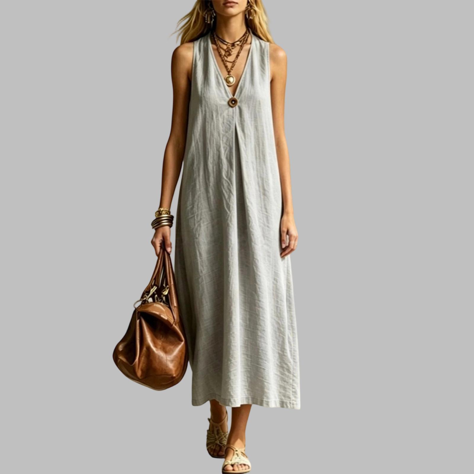 Women s V-Neck Sleeveless Linen Maxi Dress, Summer Casual Loose Long Dress, Color Dress L