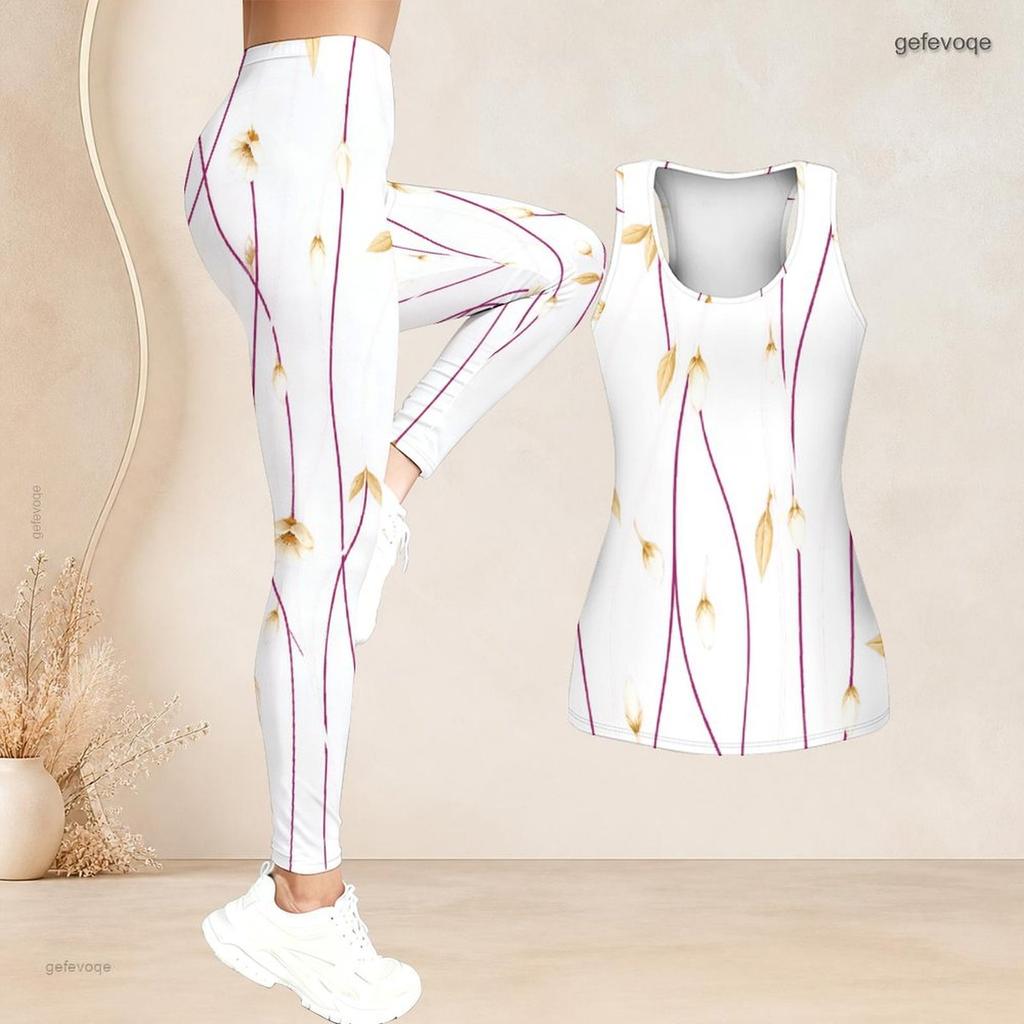 Women Plus Size Two Piece Set Scoop Neck Sleeveless Floral Printed Longline Tank Top Fitted Leggings