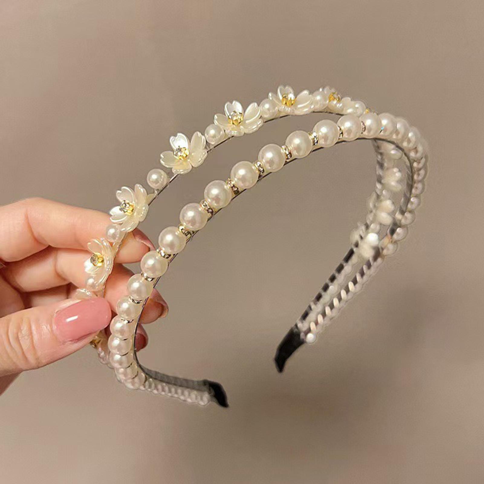 

2 Layers Pearls Headbands White Flower Designs Elegant Floral Hairbands for Women Girls Daily Bangs Hair Jewelry