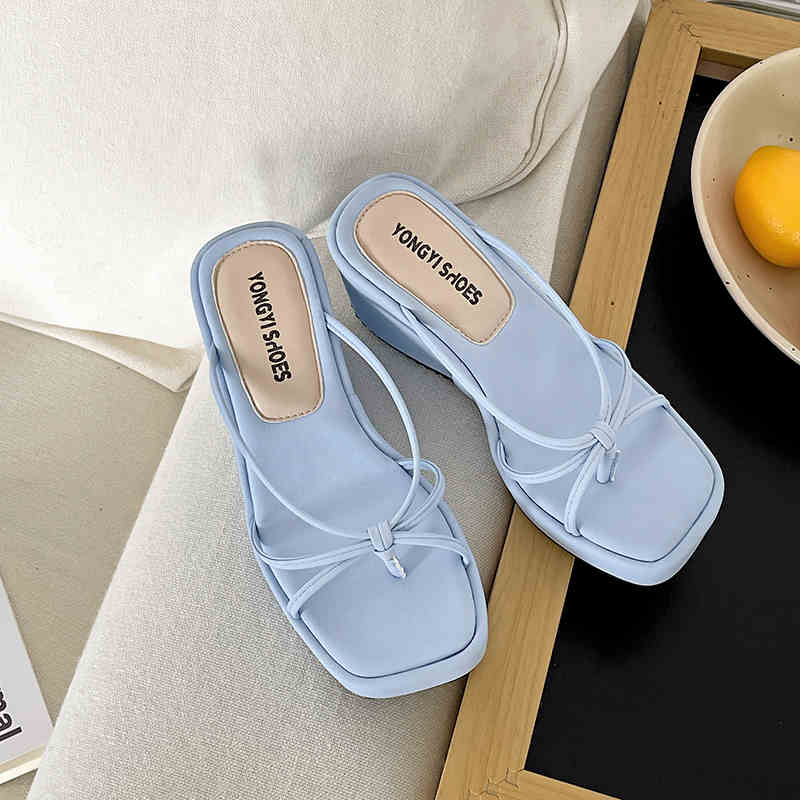 

New Summer Women Wedges Heel Clip Toe Slippers Concise Narrow Band Slide Ladies Outdoor Party Dress Sandalias 35 синий