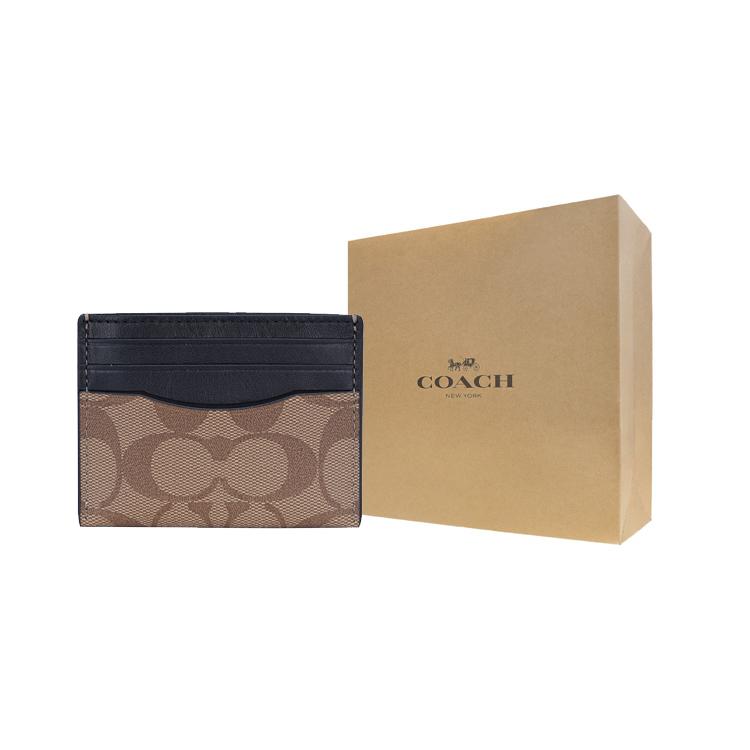 New COACH Card Case Coated Canvas With Leather Card Holder, Wallet Men's Black & Tan Khaki Monogram 58110-QBTN2