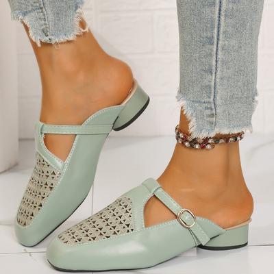 Fashion Hollow Out Closed Toe Flat Sandals Women Buckle Decor Soft Sole Non Slip Mules Slippers Summer Light Comfort Platform Beach Shoe