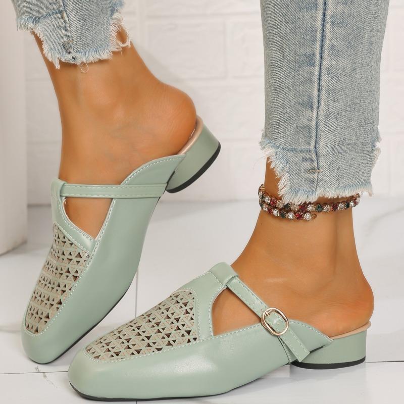 Fashion Hollow Out Closed Toe Flat Sandals Women Buckle Decor Soft Sole Non Slip Mules Slippers Summer Light Comfort Platform Beach Shoe