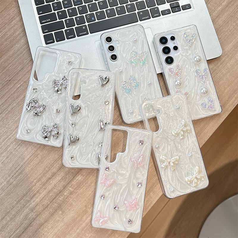 For Samsung S25ultra Glue Glitter Mobile Phone Case S24 Bow S23 Love Three-dimensional A55 Korean Ins