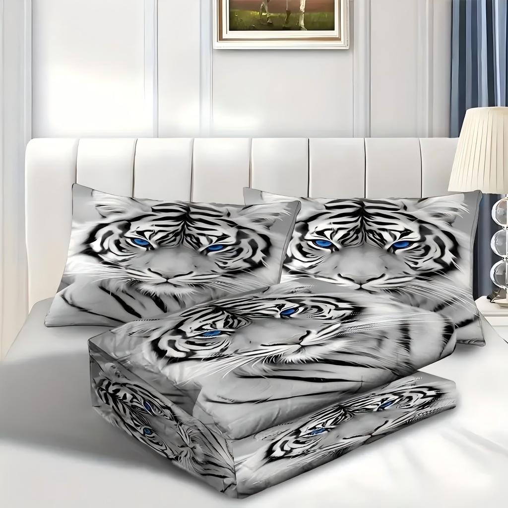 Blue eyed white tiger Pattern 3D Printed Duvet Cover Set Soft Comfortable Bedding Set Wildlife Style Quilt Cover Set Pillowcases