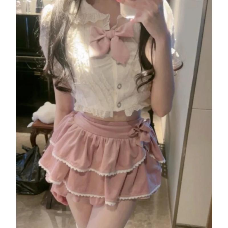 

Японские кавайные костюмы, женский укороченный топ с бантом Y2k + мини-юбка трапециевидной формы, винтажный комплект из 2 предметов 2000-х годов, женский шикарный летний комплект с короткими рукавами L белый/розовый