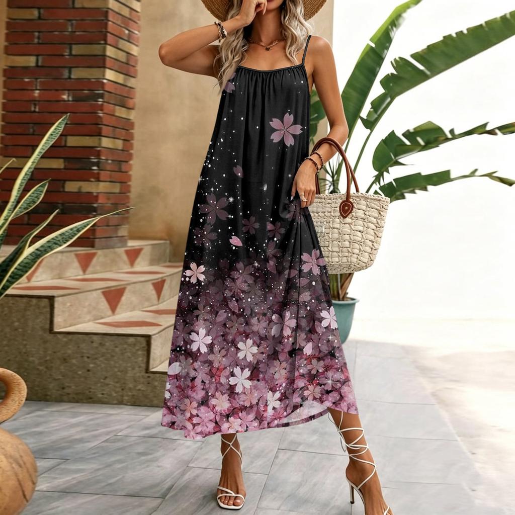 Damen ärmelloses Maxikleid mit floralem geometrischem Print, Spaghettiträger, lässiges Haus-Urlaubs-Kleid, leichtes Sommerkleid