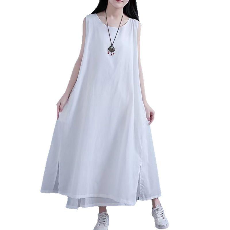 Cotton and linen vest skirt 2025 summer new fan solid color double-layer dress large size loose temperament long skirt