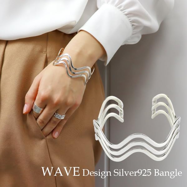 Gin No Large Openwork Wave Plate 925 Sterling Simple Accent with Wave [Shinjuku Kura] Bangle, Silver, Wide, Large, Lines, Women's
