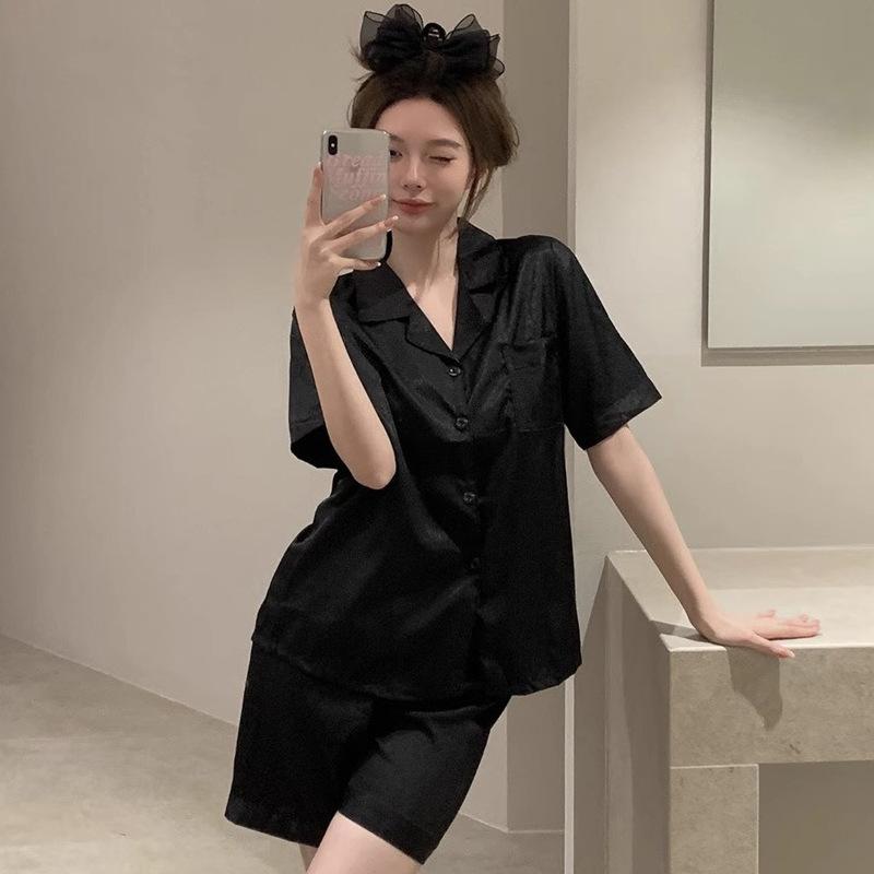 

Женская летняя пижама с коротким рукавом из французского ледяного шелка, милый простой кардиган для дома, комплект из двух предметов M