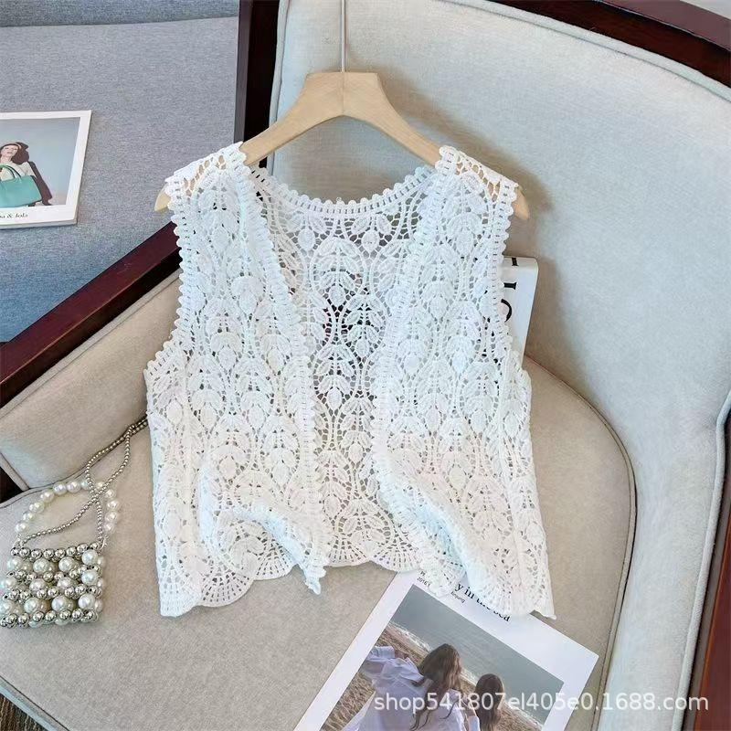 

Hollow crochet knitted suspender vest summer new wear vest blouse sleeveless short loose top One size fits all белый