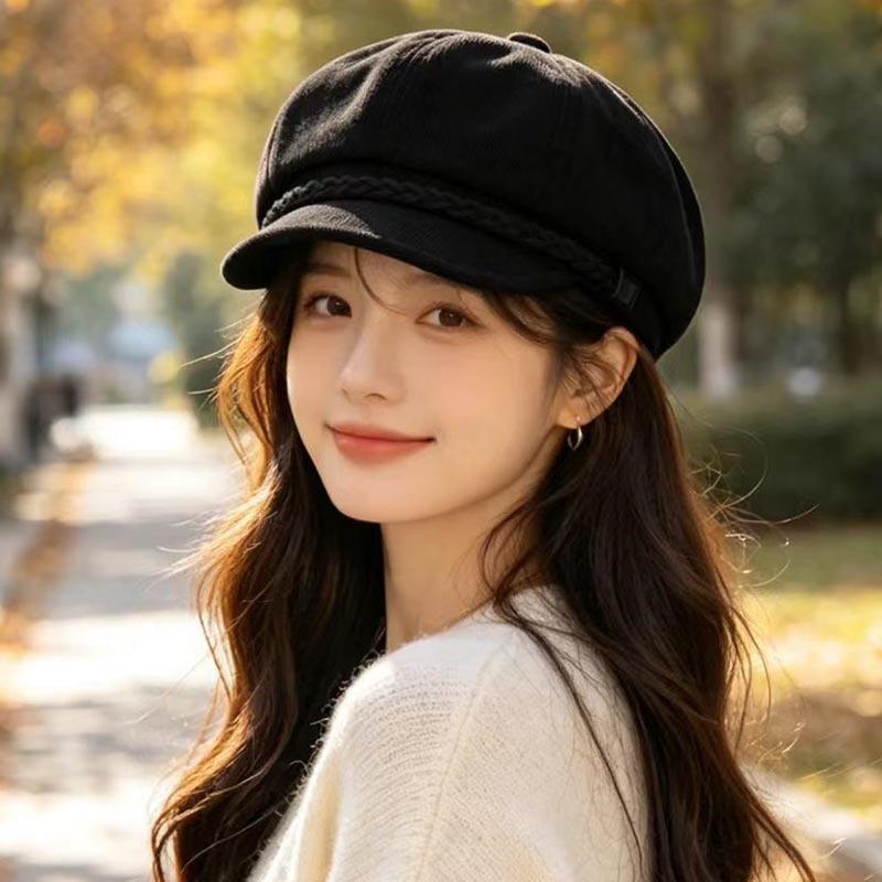 Retro Corduroy Octagonal Hat Women's Autumn and Winter Braided Newsboy Hat Showing Face Small Versatile Painter Hat