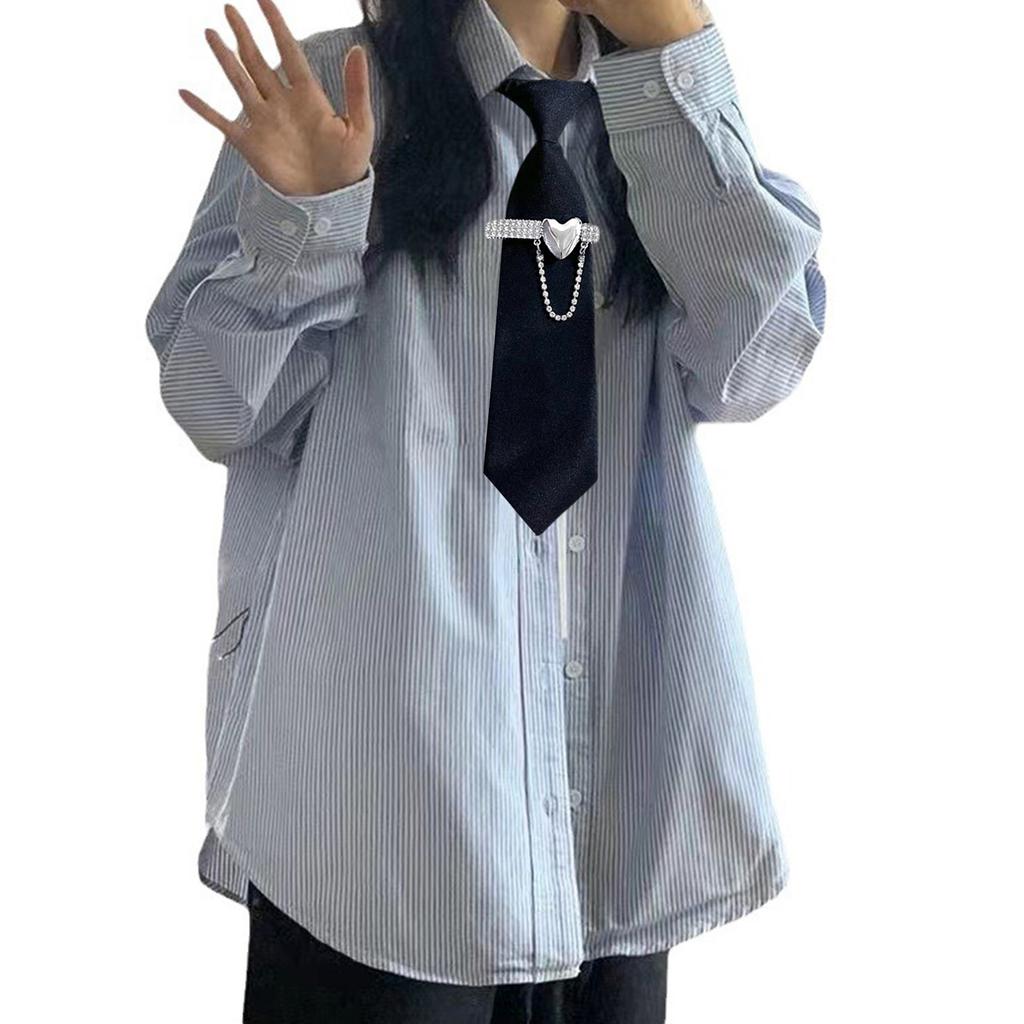 Pre Tied Tie With Metal Heart Rhinestone Design Classic Black Necktie For Business Casual Wear Easy Adjustable Alloy Buckle