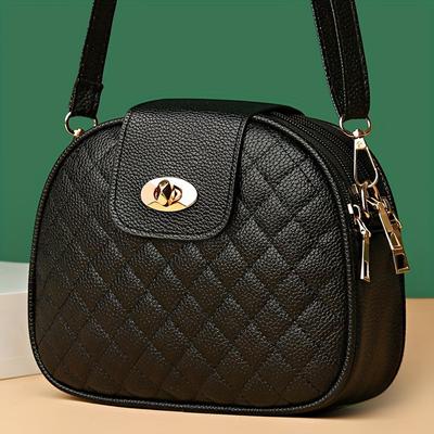 1pc Quilted Crossbody Bag, Casual & Chic Style PU Leather Bag, Round Shoulder Bag With Embroidery Detail