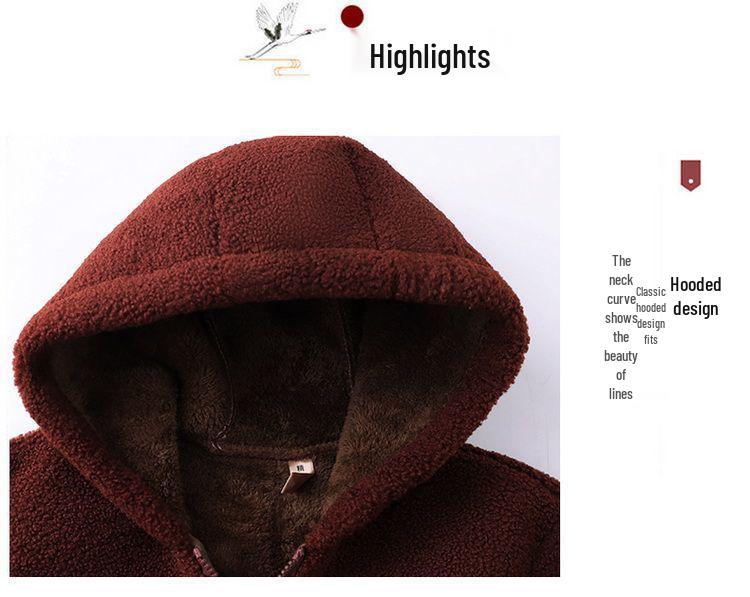Mom's Plus Size Hooded Fleece-Lined Winter Coat for Middle-Aged and Elderly Women - Lambswool Padded Jacket