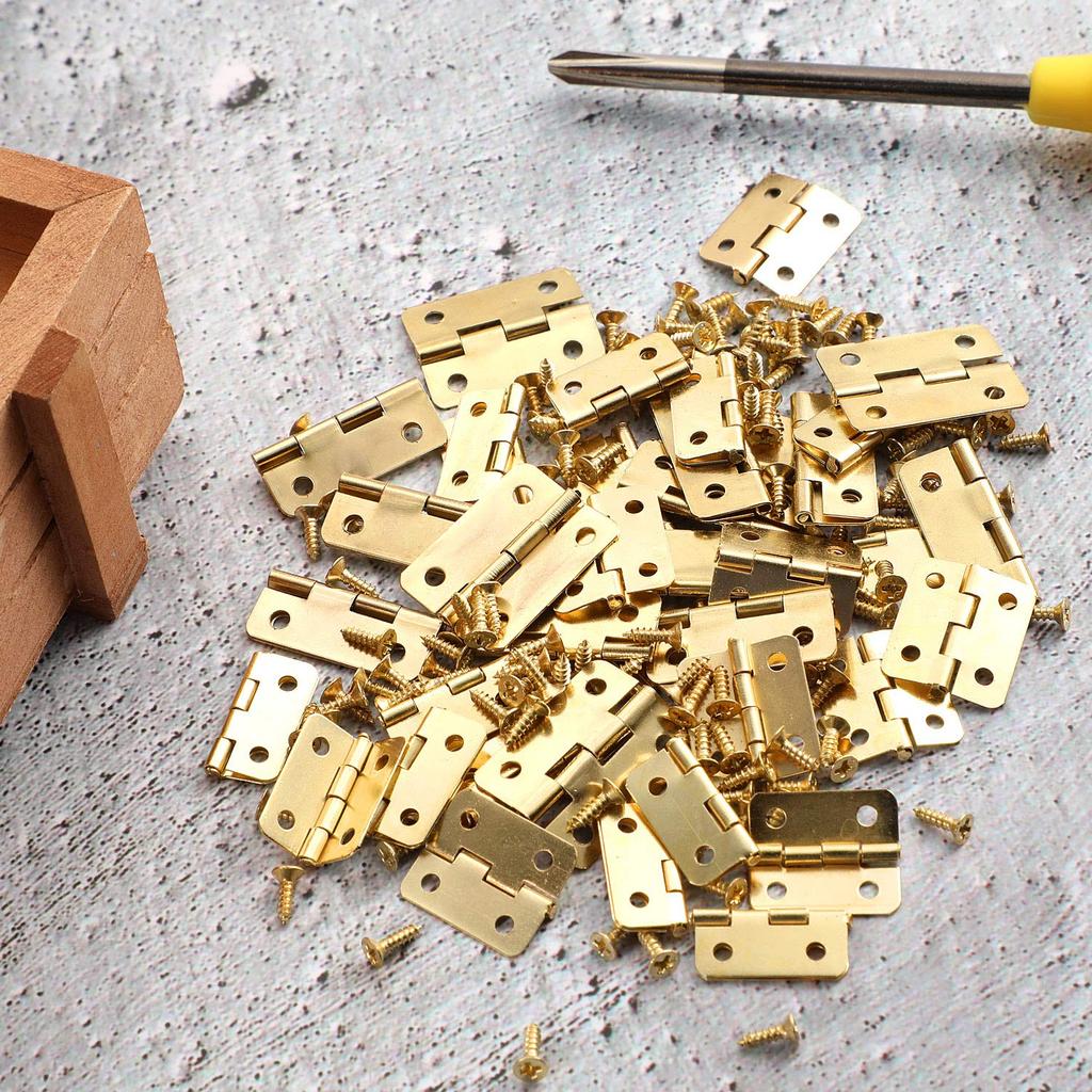 50pcs/box Hinges + 200 Screws Iron Golden/Antique Bronze 4 Holes Durable Furniture Hardware 16*13mm Mini Rounded Hinge Decor